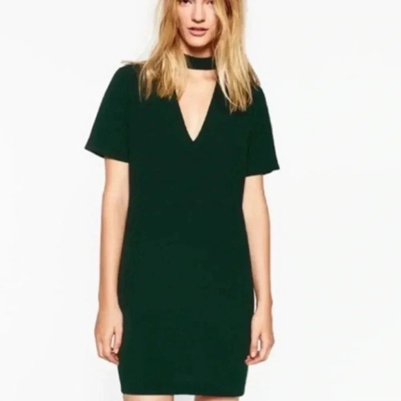 ZARA DARK EMERALD GREEN SHORT SLEEVE KEYHOLE NECK MINI DRESS SIZE S - Picture 8 of 10